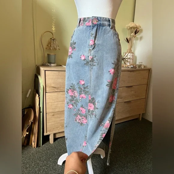 Vintage Cotton Denim Pink Wild Rose Floral Midi Maxi Side Slit High-Waist Skirt - Picture 13 of 16